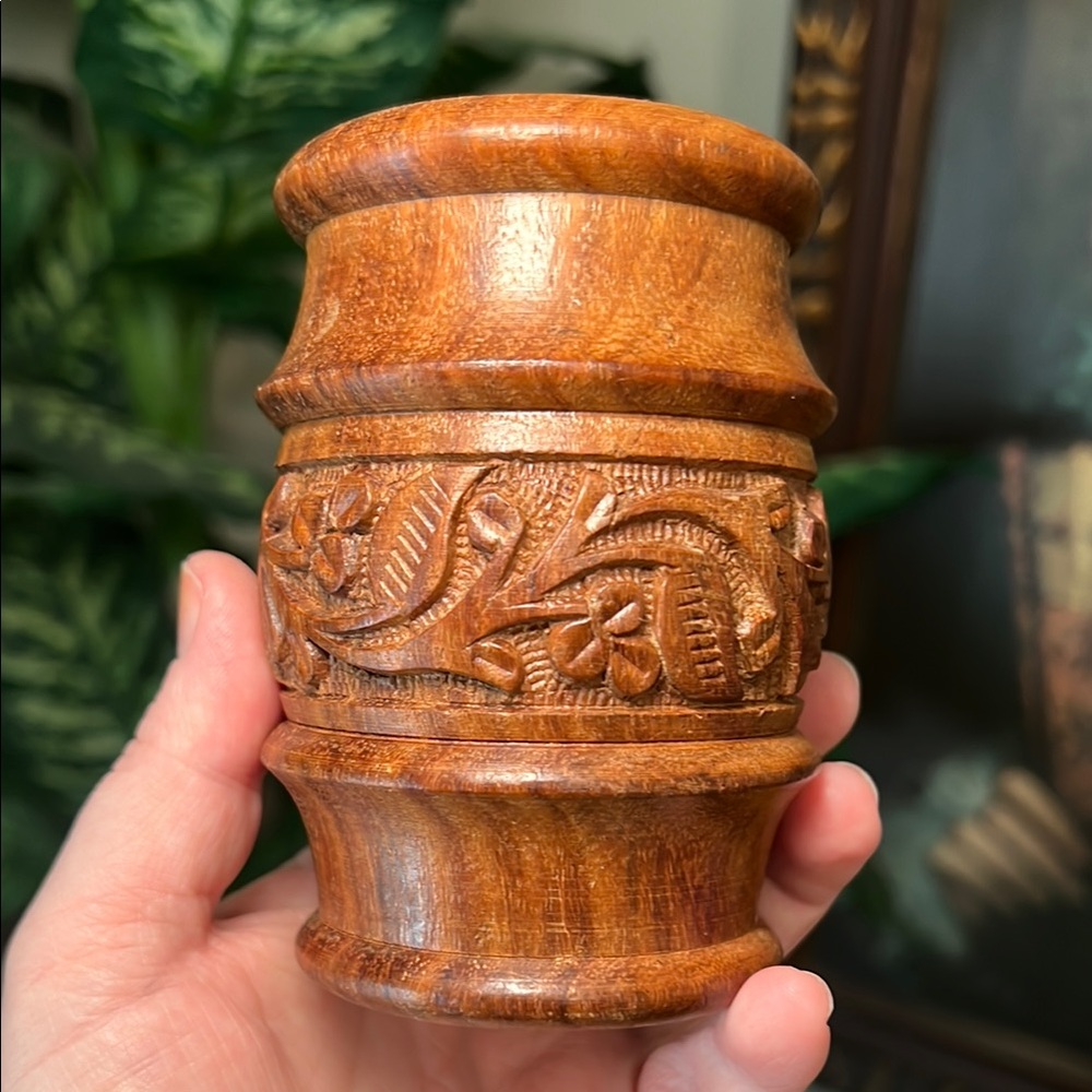 Vintage boho handcarved wood vase pencil cup pen holder